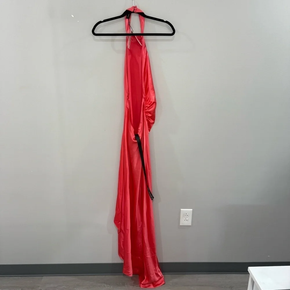 NWT Retrofete Dress Sabrina Cowl Halter Neck Open Back Maxi Gown in Satin Coral